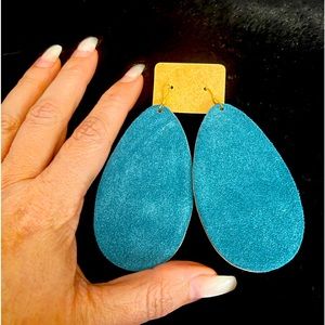 Genuine Suede leather teardrop large earrings teal